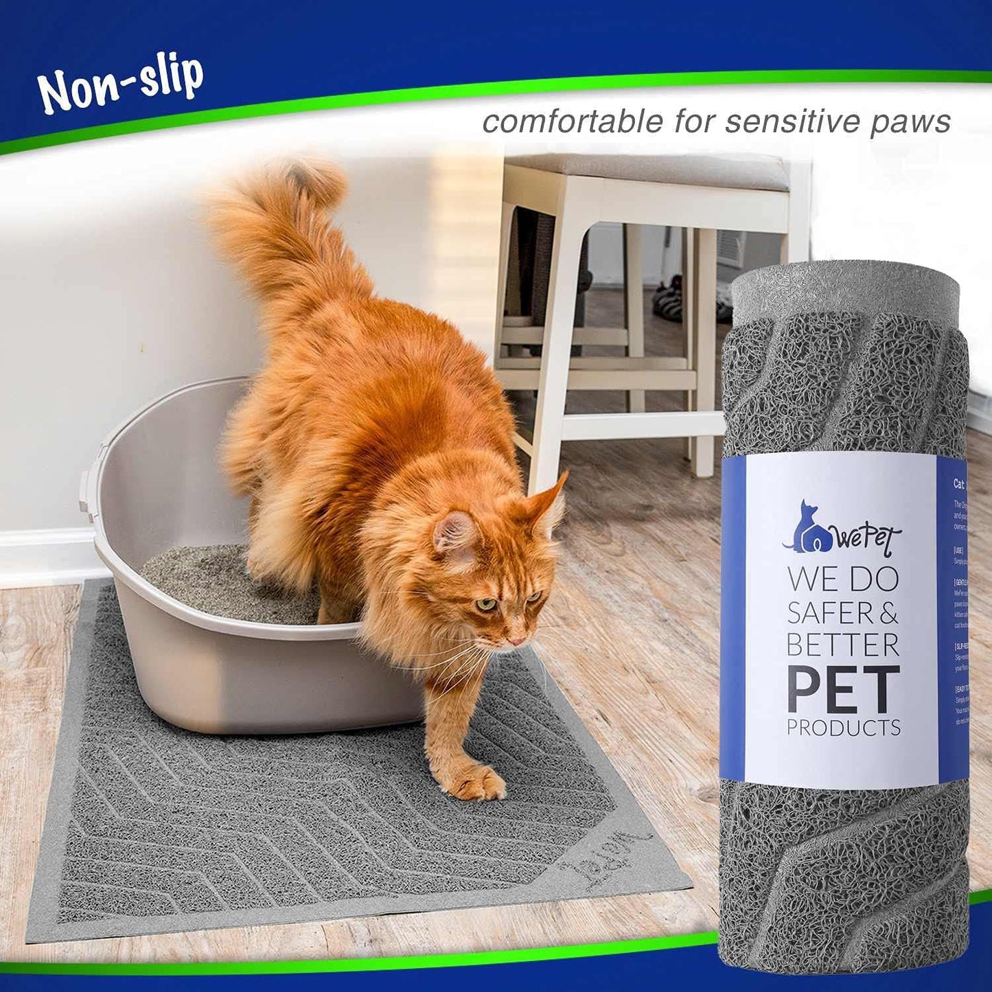 Premium PVC Cat Litter Box Mat, Durable Urine-Resistant Trapping Rug, Phthalate-Free, Scatter Control, 35" x 23", Grey