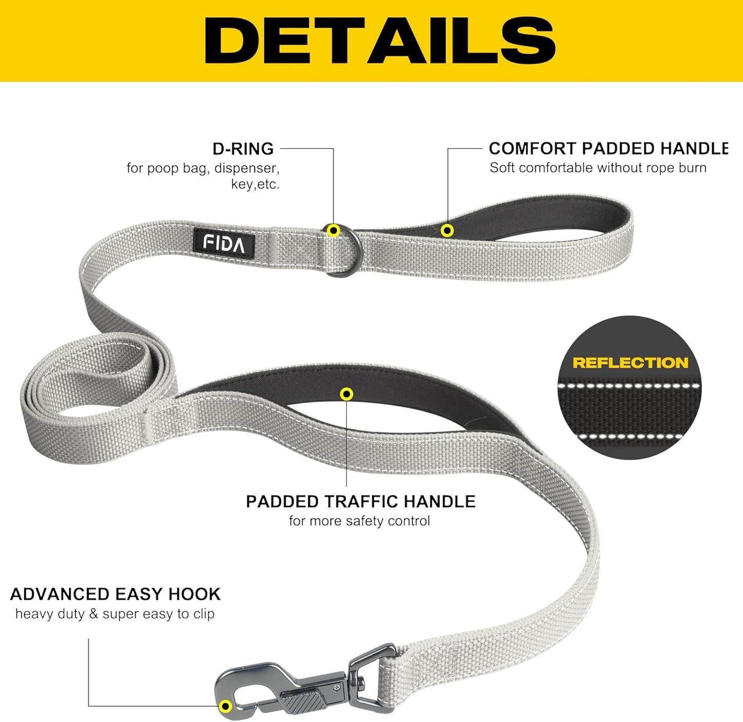 6 FT Premium Heavy-Duty Dog Leash with Dual Padded Handles, Traffic Control Handle, Advanced Easy Snap Hook, and Reflective Design for All Breeds, Grey
